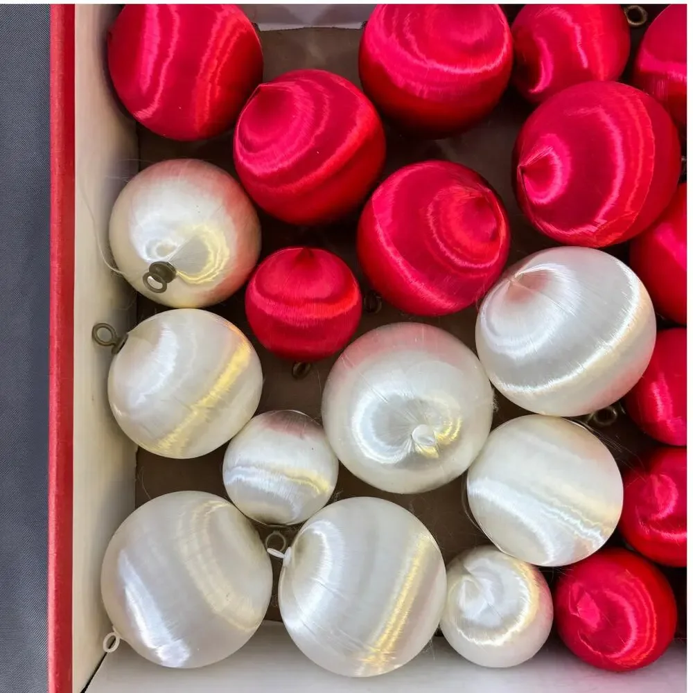 Lot of 35 Vintage Shiny Satin Sheen Spun Styrofoam Ornaments Red & White 3 Sizes
